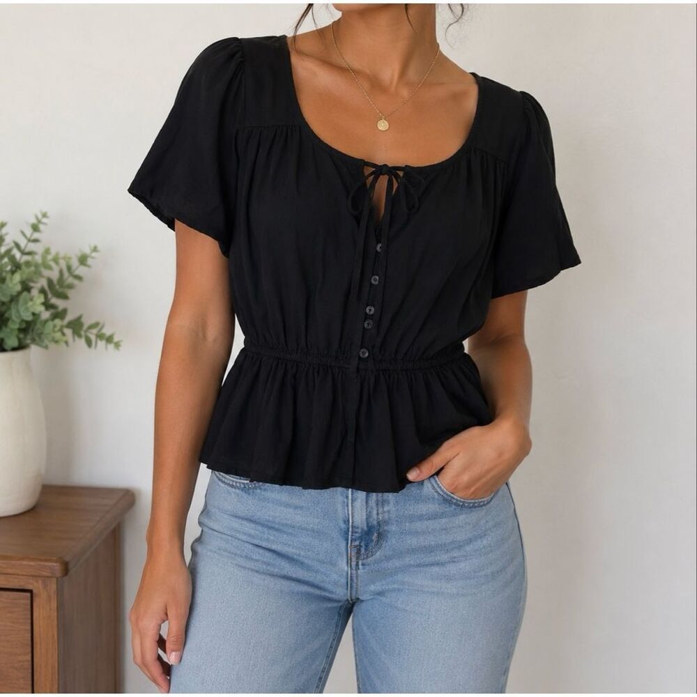 Abercrombie & Fitch Black Peplum Blouse Size S Puff Sleeve Tie Front Top